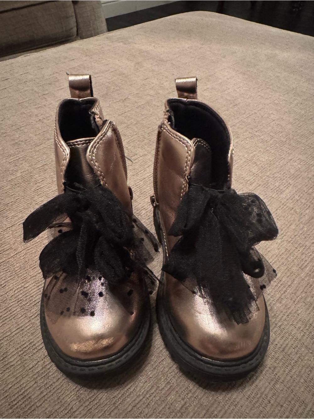 Kids Metallic Bronze Lace-Up Boots with Black Tulle Bow